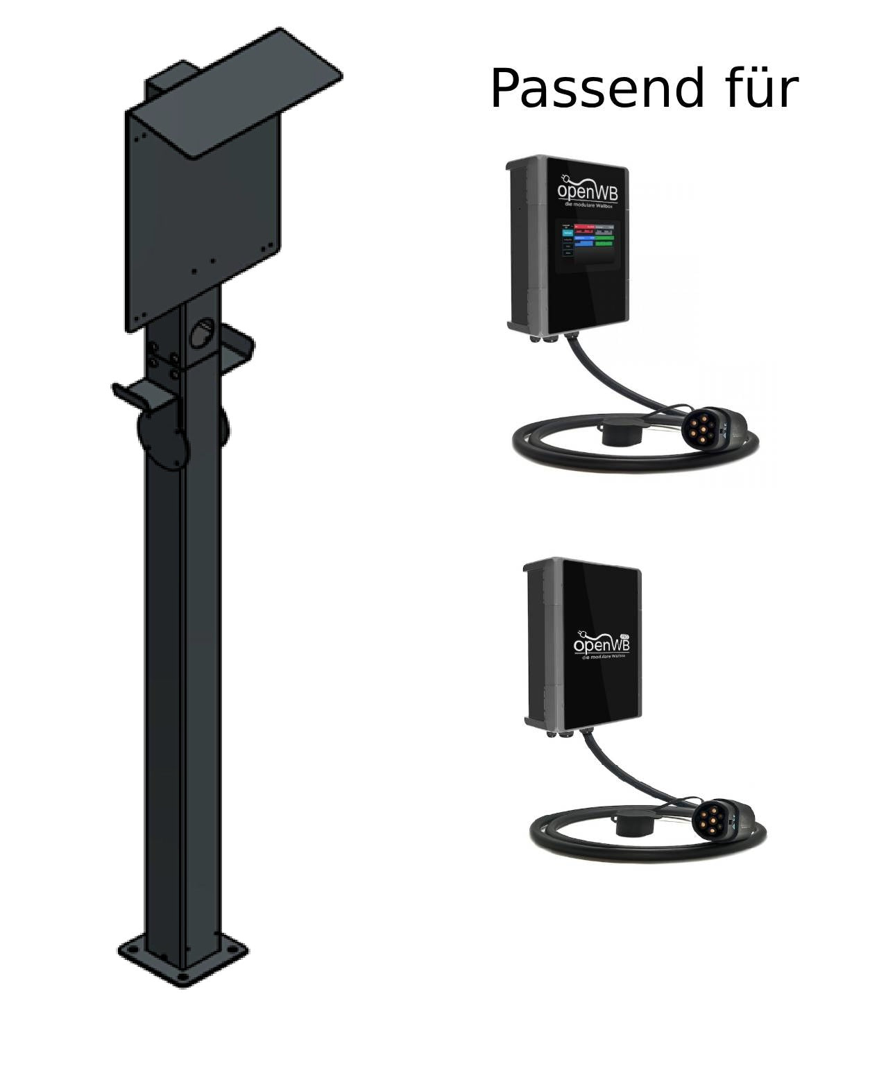 Colonne de recharge adaptée à OpenWB Series 2 Duo / Wallbox standard avec toit et 2 supports de câbles | support | pied | stèle