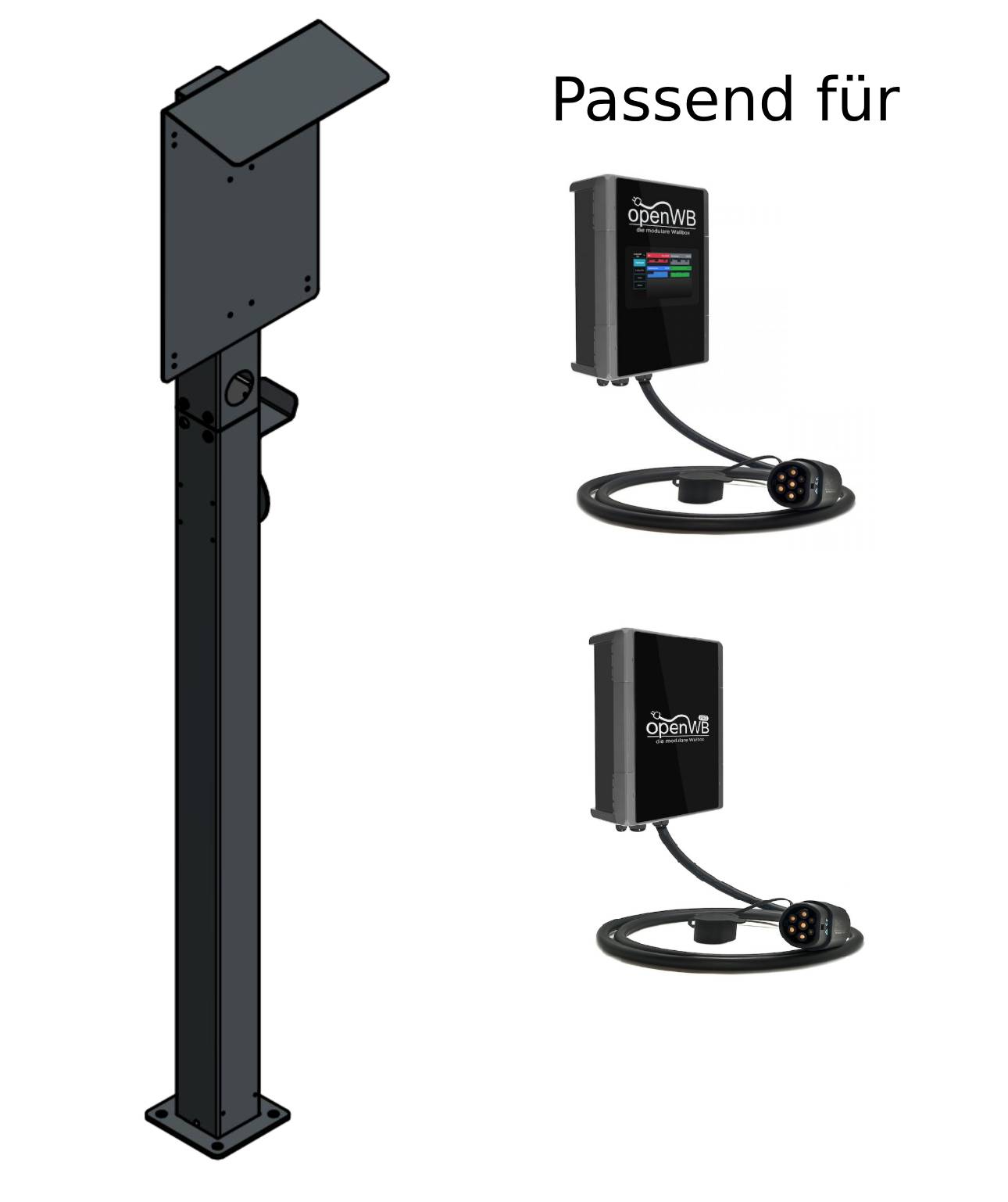 Colonne de recharge adaptée à OpenWB Series 2 Duo / Wallbox standard avec toit et 2 supports de câbles | support | pied | stèle
