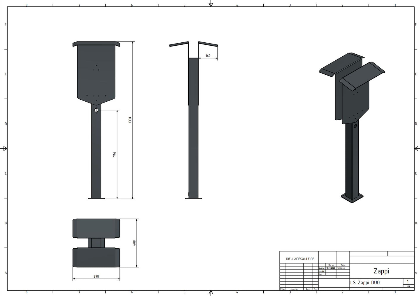 Double colonne de charge adaptée à 2x Zappi Charger Wallbox avec toit et support de câble | support | pied | stèle
