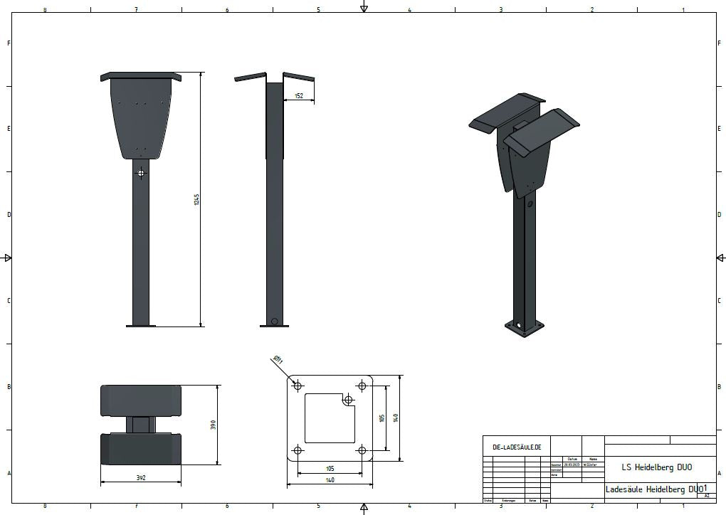 Colonne de charge double convenant à 2 Wallboxes Heidelberg avec toit | support | pied | stèle
