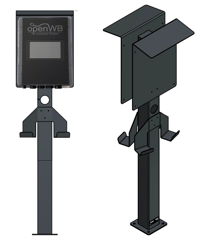 Colonne de charge duale adaptée à 2 x OpenWB Series 2 Duo / Wallbox standard avec toit et 4 supports de câbles | support | pied | stèle