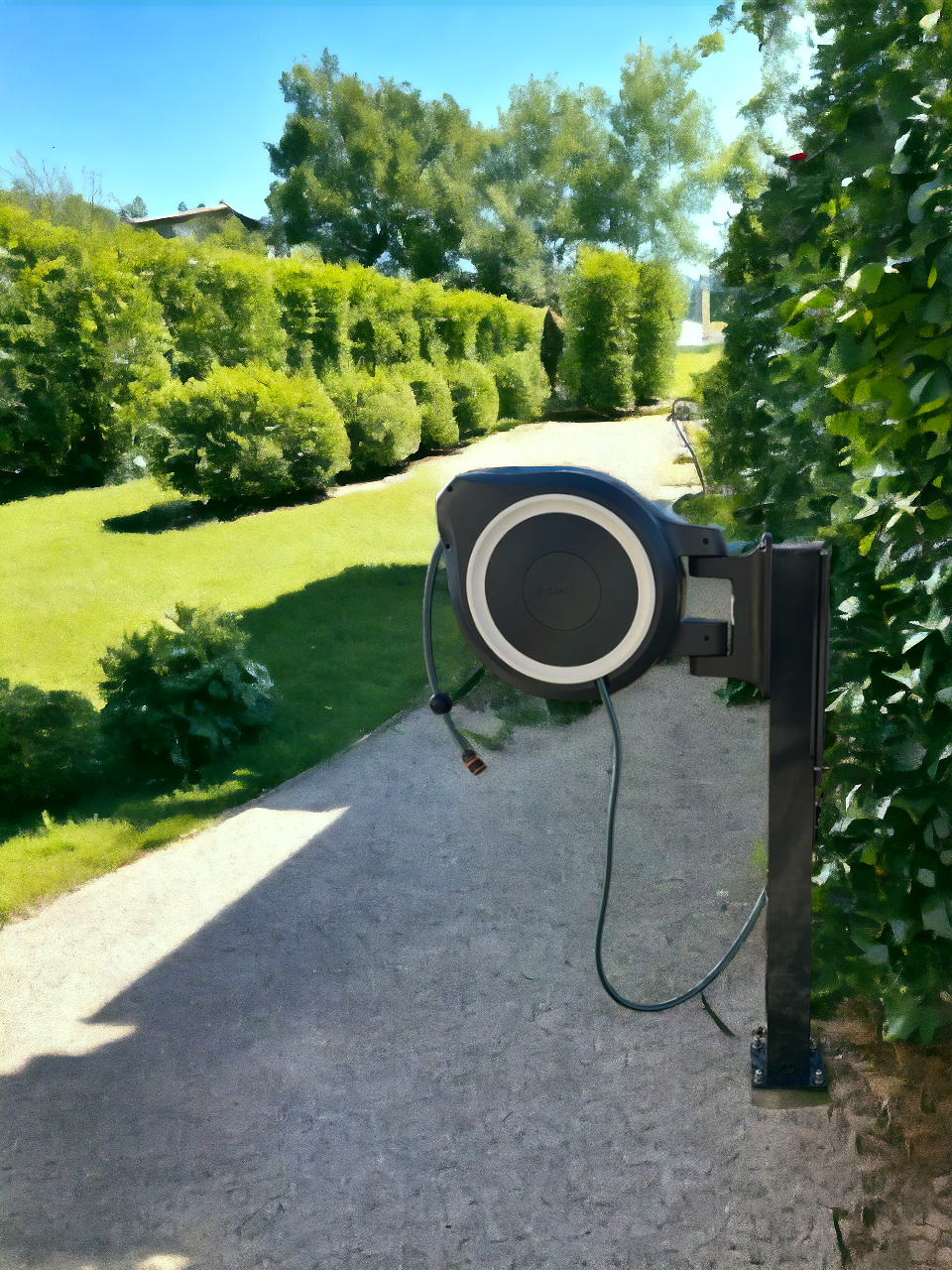 Standfuß mit Wasserhahn, Stele, Ständer für Gardena RollUp Schlauchaufbewahrung - aus Edelstah - Pulverbeschichtet