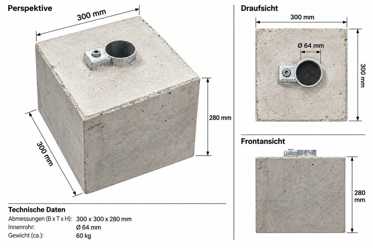 Schilder Betonfundament 30x30x28cm - Für 60mm Schilderpfoster - Gewicht: 60 Kg