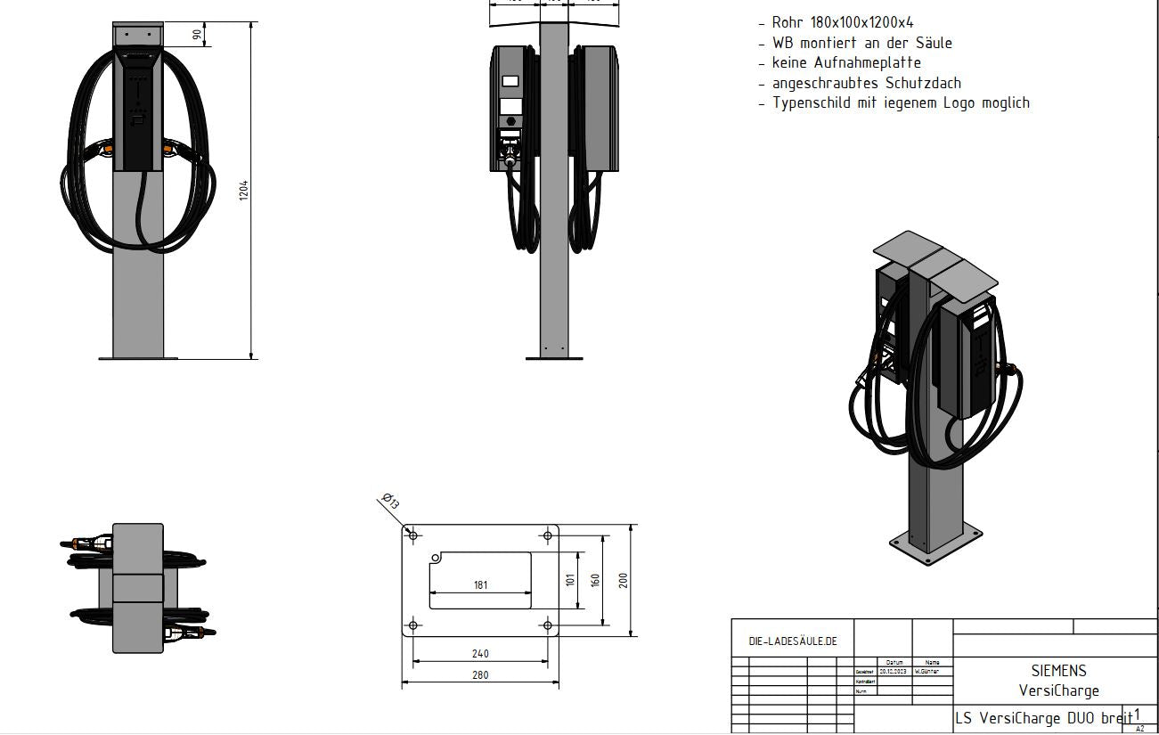 Doppel Ladesäule passend für 2x Siemens VersiCharge AC Wallbox (Alle Versionen) mit Dach - Standfuß - Base