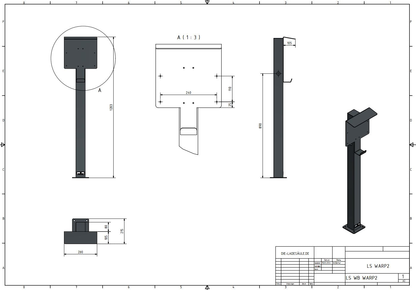 Ladesäule passend für Warp2 Charger Basic/Smart/Pro Wallbox mit Dach und Kabelhalter | Ständer | Standfuß | Stele | Base