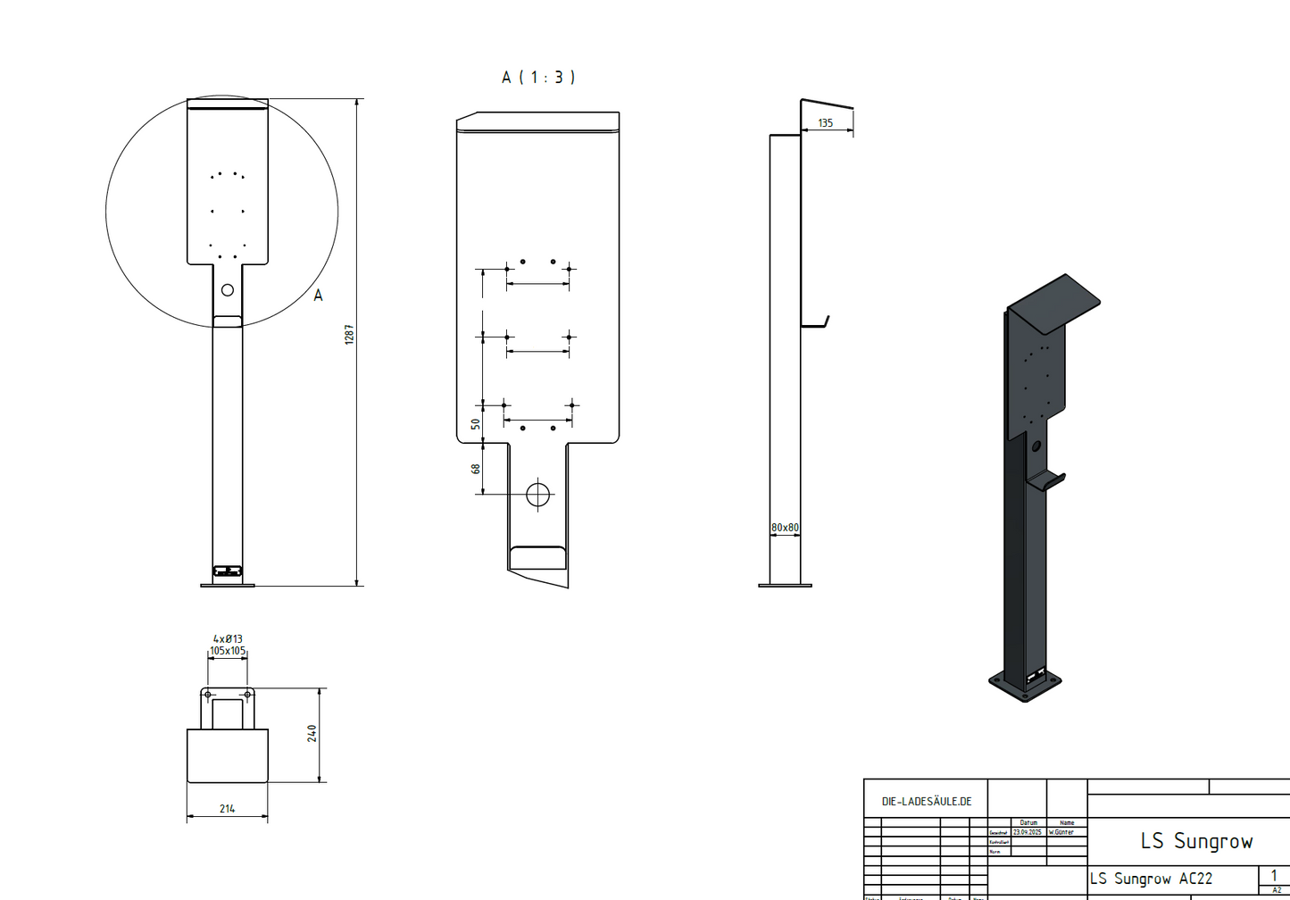 Colonne de charge adaptée à Sungrow Wallbox avec toit | support | pied | stèle | base