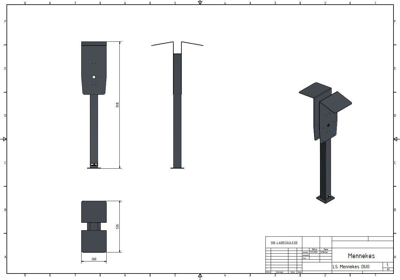 Double colonne de charge adaptée (DUO) pour 2 Mennekes Amtrom Charge Control Wallbox avec toit | support | pied | stèle | base