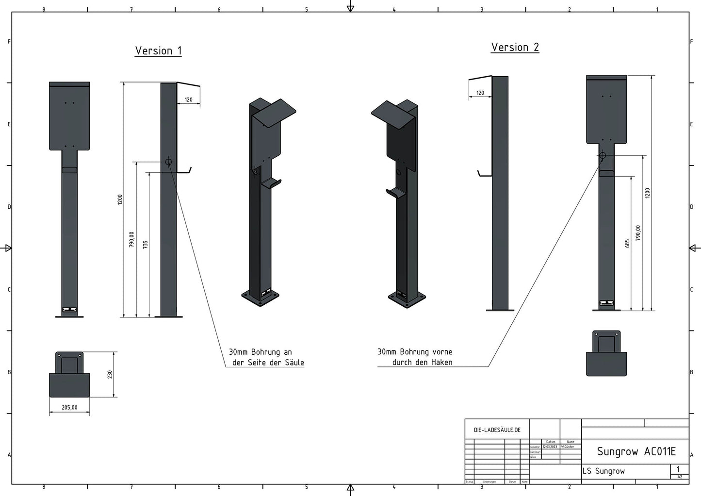 Colonne de charge adaptée à Sungrow Wallbox avec toit | support | pied | stèle | base